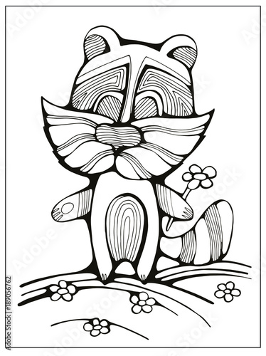 Cartoon raccoon with flower; Uncolored coloring page illustration for the children; Hand drawn sketch, doodle photo