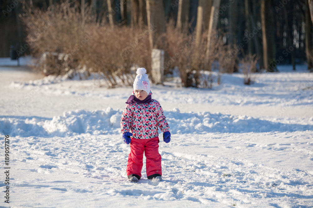 Little girl child is playing in the park in winter