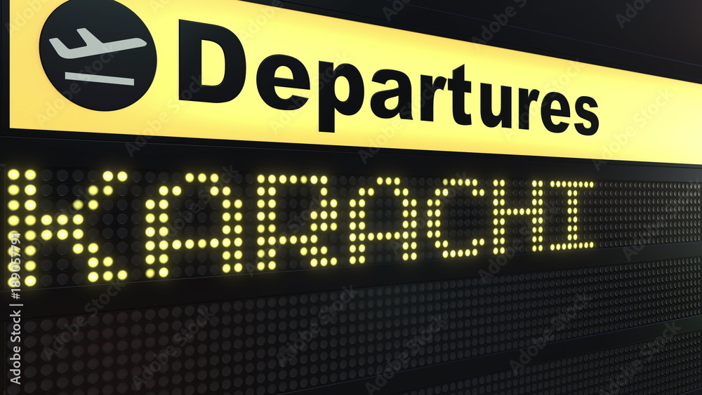 Flight to Karachi on international airport departures board. Travelling to Pakistan conceptual 3D rendering Flight to Karachi on international airport departures board. Travelling to Pakistan conceptual 3D rendering