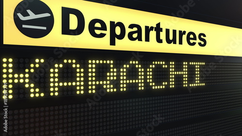 Flight to Karachi on international airport departures board. Travelling to Pakistan conceptual 3D rendering