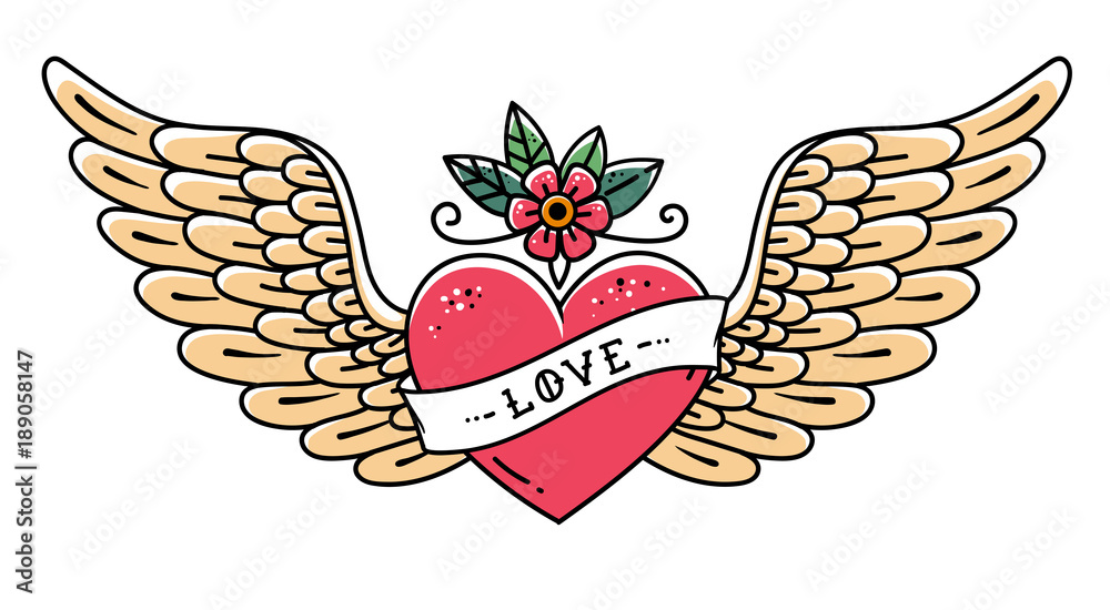 Tattoo heart with wings, flower and ribbon with lettering Love. Old school  style. Flying heart. Line art drawing Stock Vector | Adobe Stock
