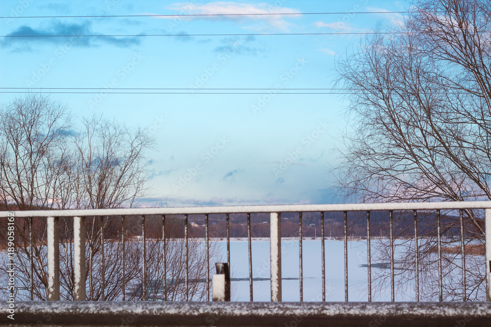 Winter landscape view on frozen lake river Winter landscape view on frozen lake river