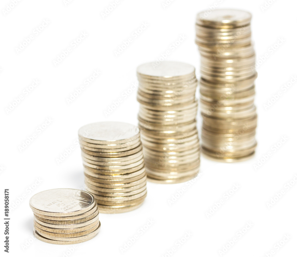 Stacks of Thai coins, rising trend isolated on white Stacks of Thai coins, rising trend isolated on white