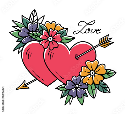 Tattoo heart with arrow. Two hearts pierced by arrow with flowers. Love. Old school tattoo. Valentines Day illustration