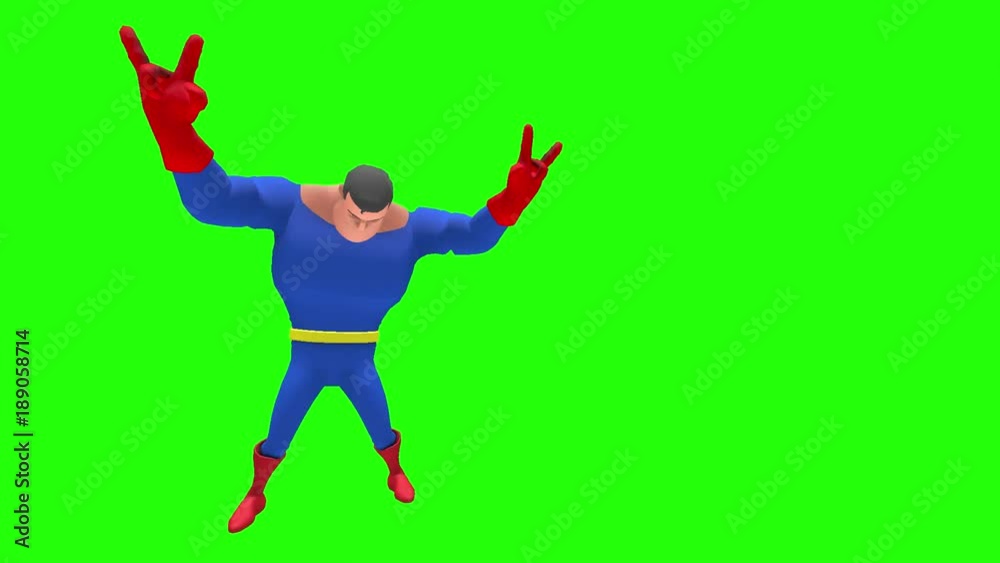Happy cheerful animated superhero strongman cartoon character performs mosh pit dance moves multiple times in front of green screen background