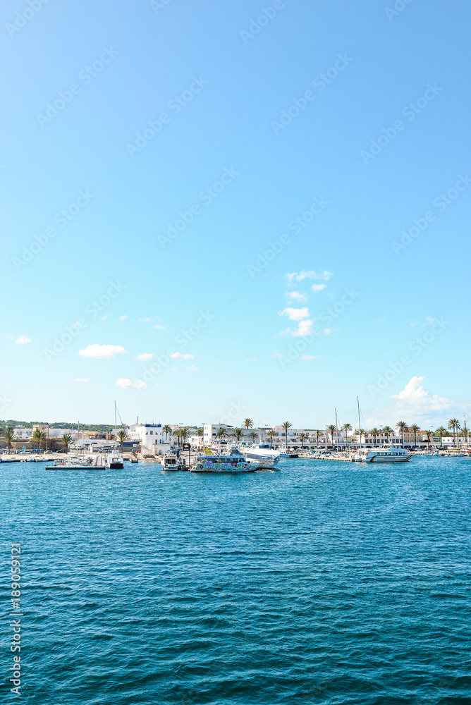 Ibiza, Spain - October 5, 2017 : Beautiful view of boat port and town in Ibiza city and Formentera islands, Spain. Sea rest and holiday concept.