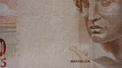 Wallpaper Mural 50 (fifty) Brazilian Real note, sliding tracking motion, macro closeup Torontodigital.ca