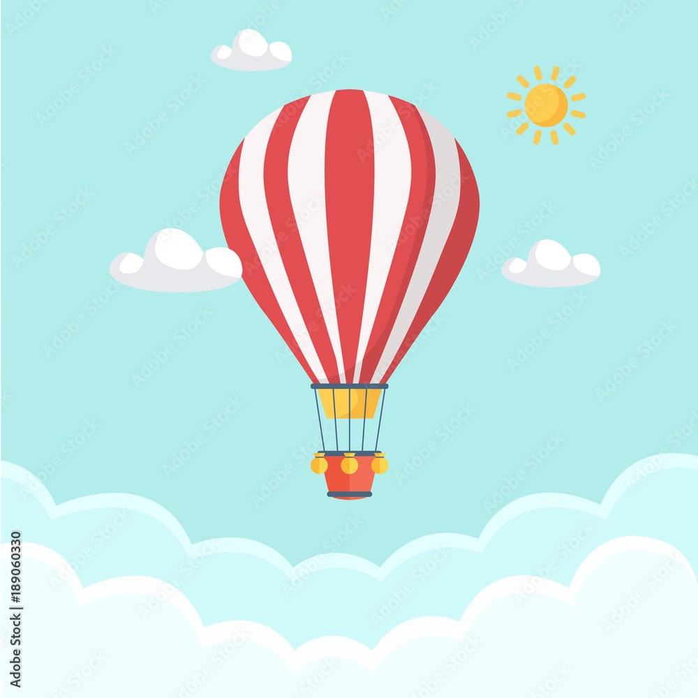 Fototapeta premium Hot air balloon in the sky with clouds. Flat cartoon design. Vector art illustration