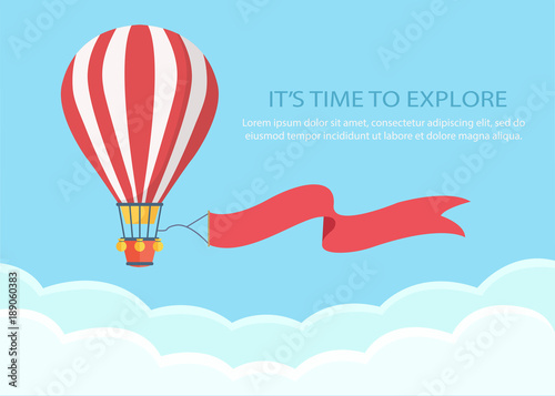 Hot air balloon with ribbon in the sky with clouds. Travel time. Flat cartoon design. Vector illustration