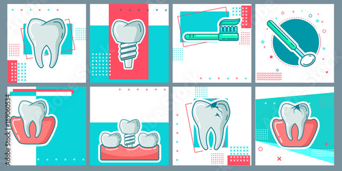 Dental Flat Icons Set in Circles. Vector Illustration for Dentistry and Orthodontics