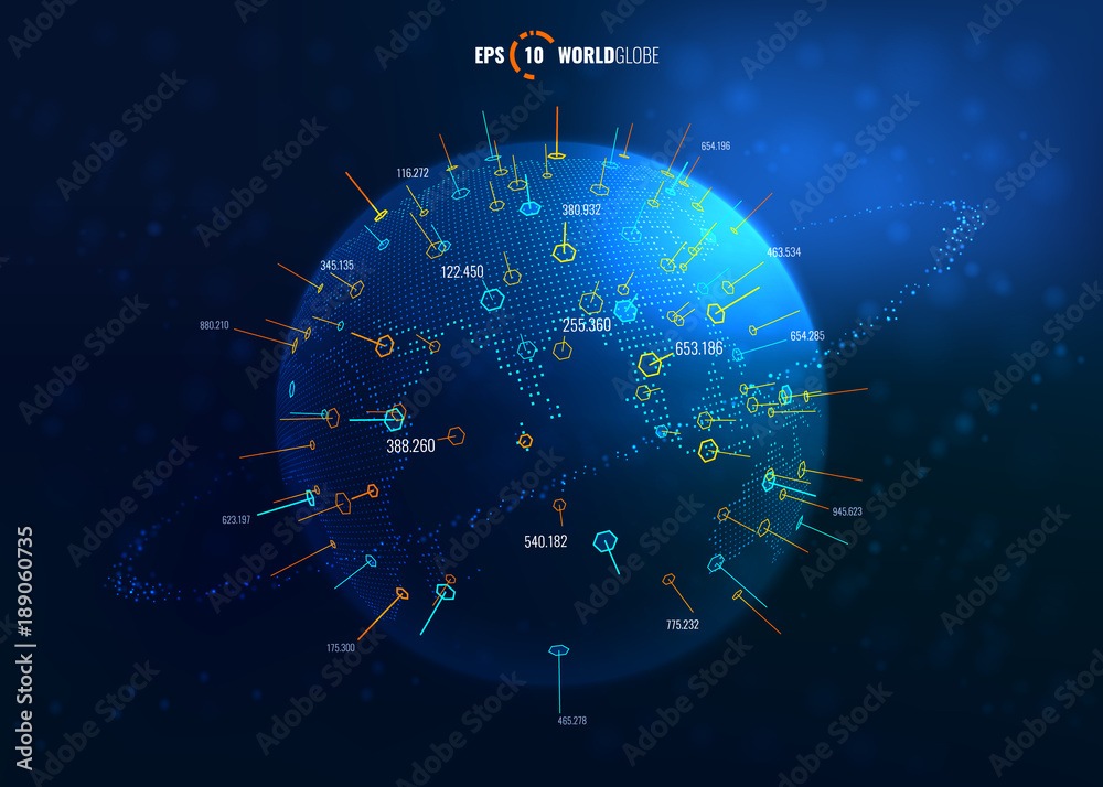 Obraz premium Vector 3D Sci-Fi World Map Globe with Detailed Contour Map