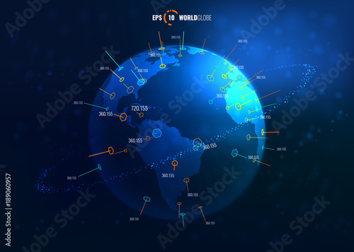 Vector 3D Sci-Fi World Map Globe with Detailed Contour Map