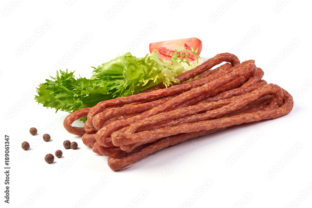 Kabanos. Polish long thin dry sausage made of pork. Isolated on white background. Kabanos. Polish long thin dry sausage made of pork. Isolated on white background.