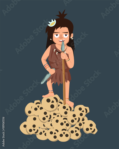 primitive woman with spear and enemy skulls vector cartoon