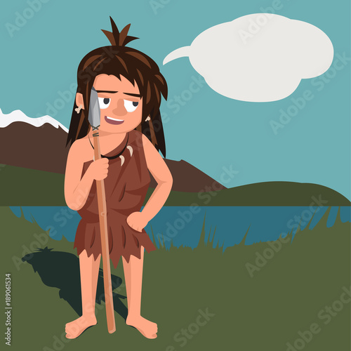 stone age girl with spear  vector cartoon illustration