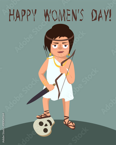woman warrior with enemy skull, women's day greeting