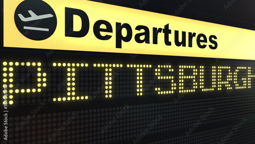 Flight to Pittsburgh on international airport departures board. Travelling to the United States conceptual 3D rendering