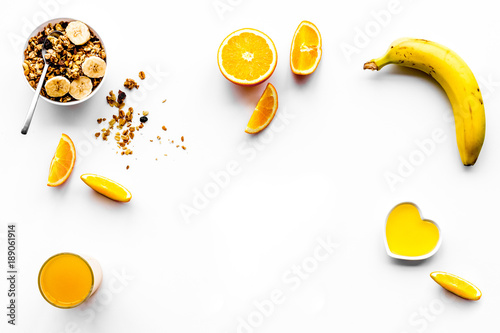 Healthy breakfast. Porridge with fruits and fresh juice. White background top view copy space