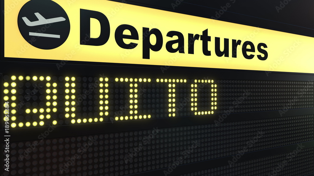 Flight to Quito on international airport departures board. Travelling to Ecuador conceptual 3D rendering
