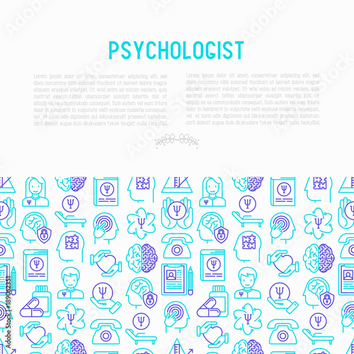 Psychologist concept with thin line icons: psychiatrist, disease history, armchair, pendulum, antidepressants, psychological support. Vector illustration for banner, web page, print media.