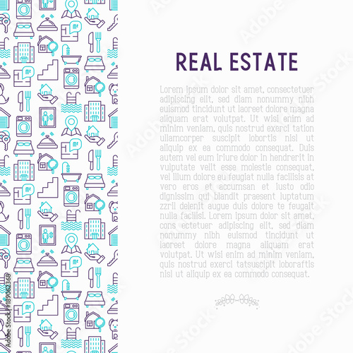 Rea estate concept with thin line icons: apartment house, bedroom, keys, elevator, swimming pool, bathroom, facilities. Modern vector illustration for web page, print media.