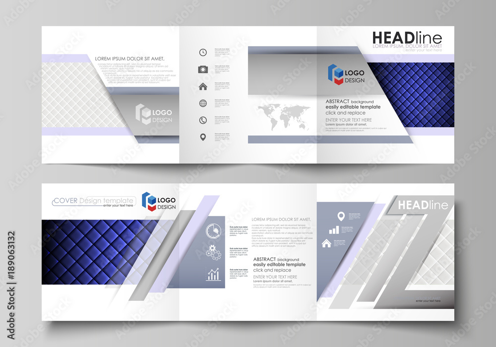 Set of business templates for tri fold square design brochures. Leaflet cover, abstract vector layout. Shiny fabric, rippled texture, white and blue color silk, colorful vintage style background.