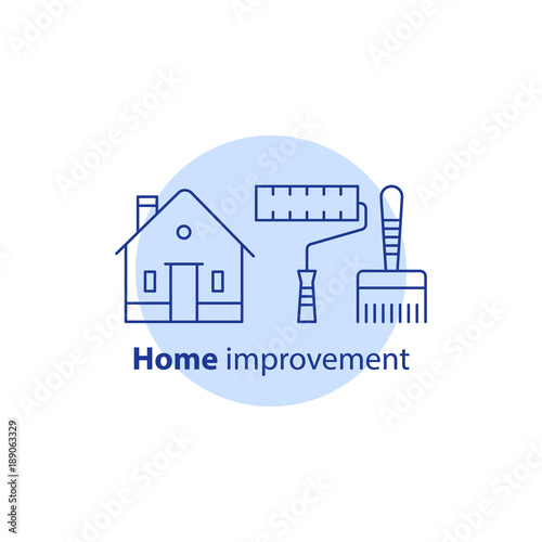 Home improvement, house paint services, renovation concept, paintbrush and paint roller tools, vector stroke icon