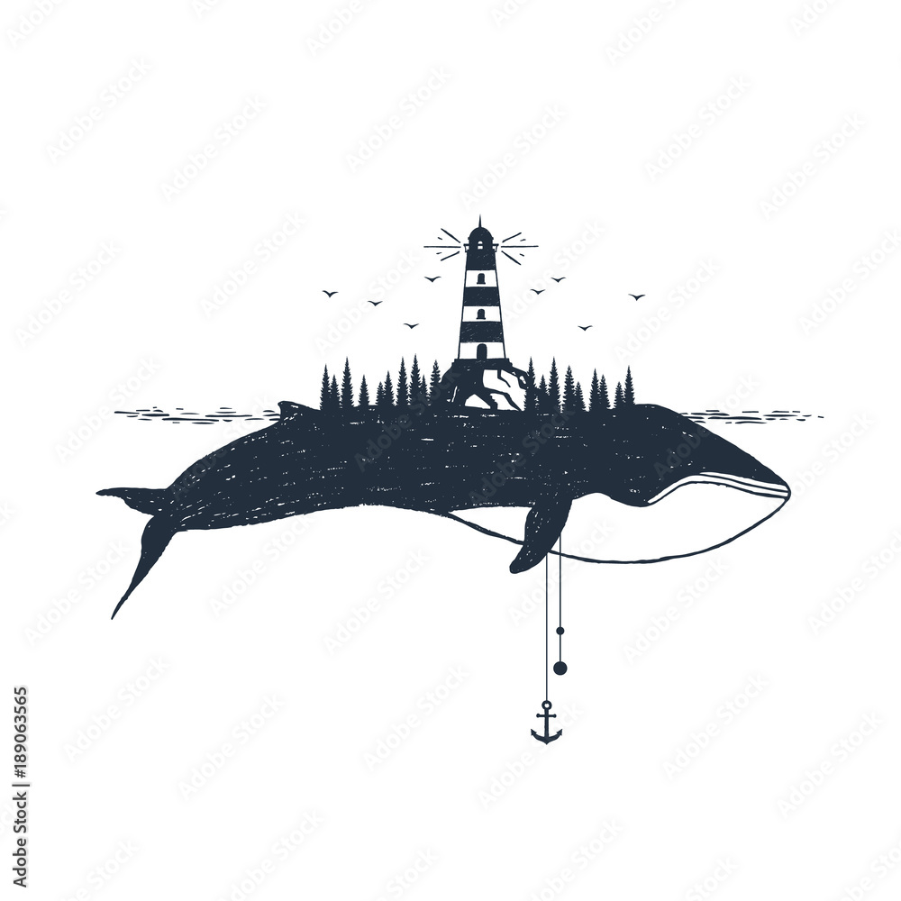 Obraz premium Ręcznie rysowane odznaka żeglarska z teksturą ilustracji wektorowych latarni morskiej i wieloryba.