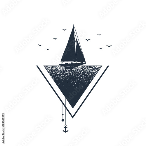 Canvastavla Hand drawn nautical badge with yacht textured vector illustration