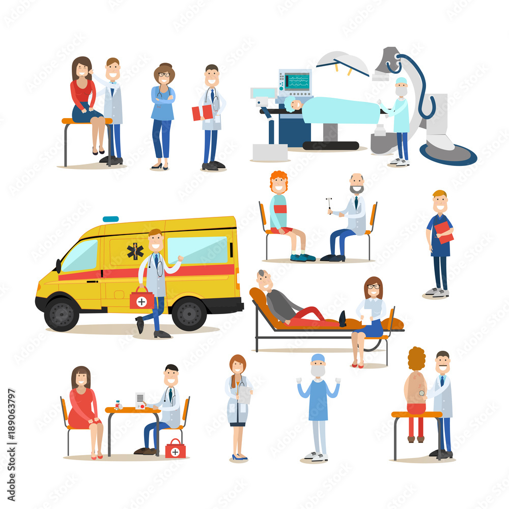 Group of medical doctors, paramedics and patients vector flat illustration