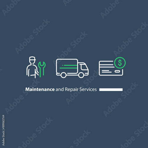 Technician with spanner, customer support, repairmen maintenance, truck delivery, credit card purchase icon set