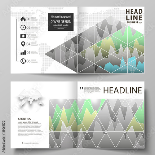 The vector illustration of the editable layout of two covers templates for square design bi fold brochure, magazine, flyer, booklet. Rows of colored diagram with peaks of different height.
