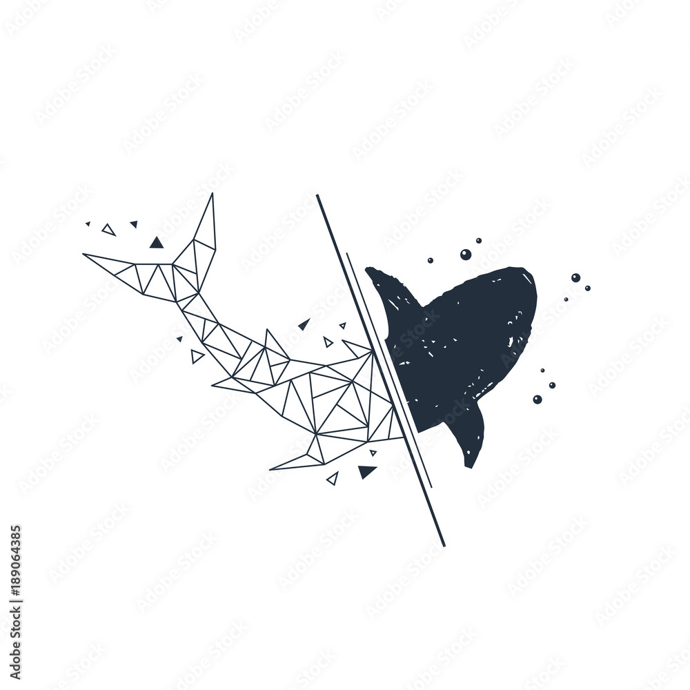 Fototapeta premium Hand drawn nautical badge with shark textured vector illustration. Geometric style.