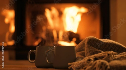 Steam from a cups with a hot cocoa on the fireplace background.  