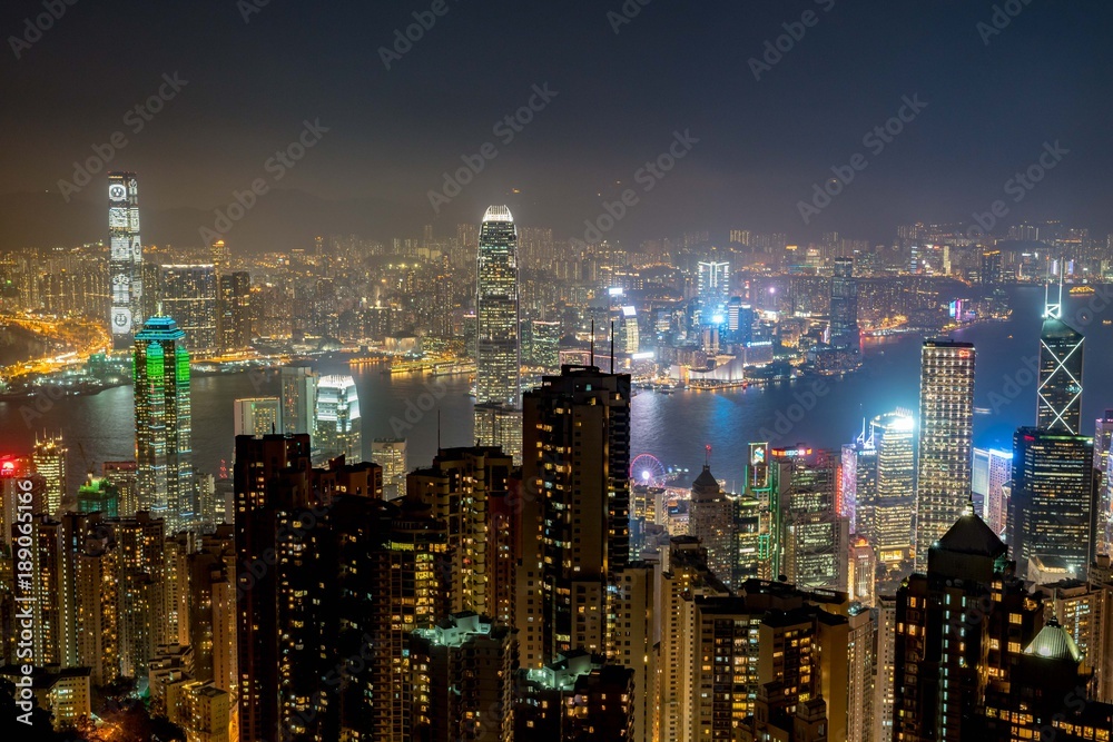 Hong Kong tower on sundown bird eye view from kowloon at victoria peak tower the famous view point of hongkong