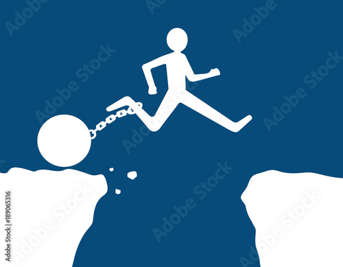 man jumping over obstacle with chain and iron ball, blue background 