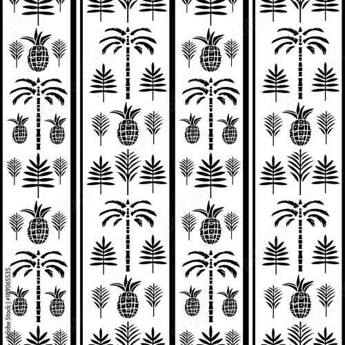 Seamless pattern with palm trees, pineapples, leaves in black and white