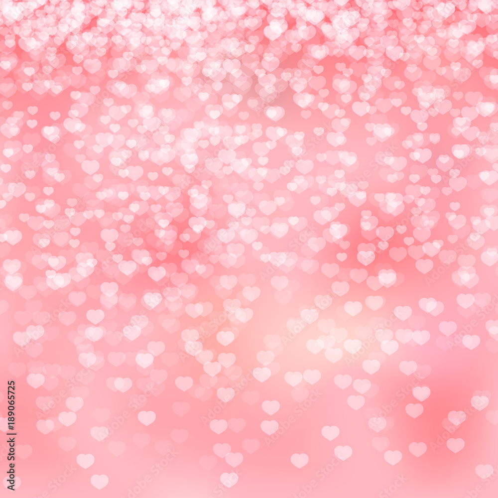 Pink hearts confetti background.  Valentine’s day shiny greeting card backdrop. Romantic vector illustration. Easy to edit design template.