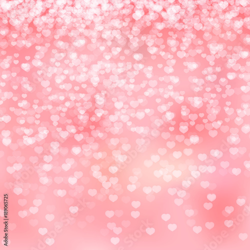 Pink hearts confetti background. Valentine’s day shiny greeting card backdrop. Romantic vector illustration. Easy to edit design template.