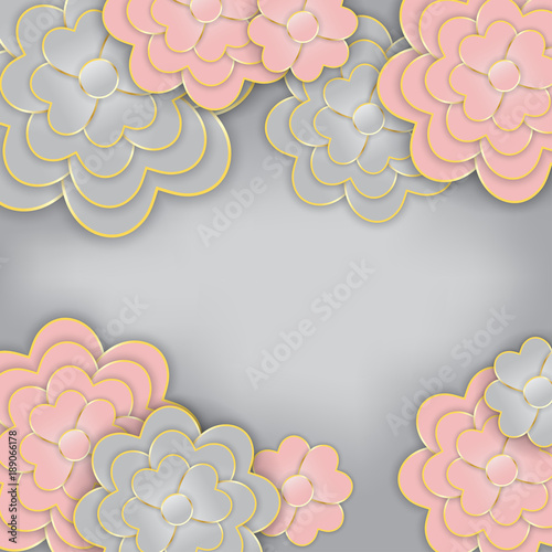 Elegant nature background. Floral pattern with stylized summer 3d flowers with heart shape petals. Floral stylish modern wallpaper. Paper art design, golden lines. Vector illustration in pastel colors