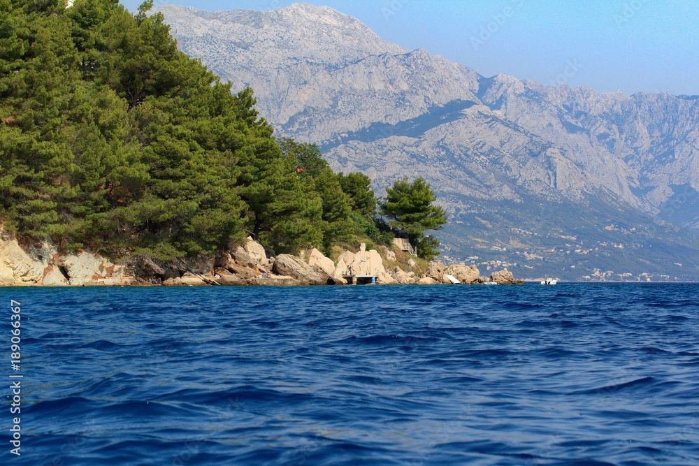 Fototapeta premium Beautiful view of the Adriatic Sea in Croatia in southern Dalmatia with mountains in the background