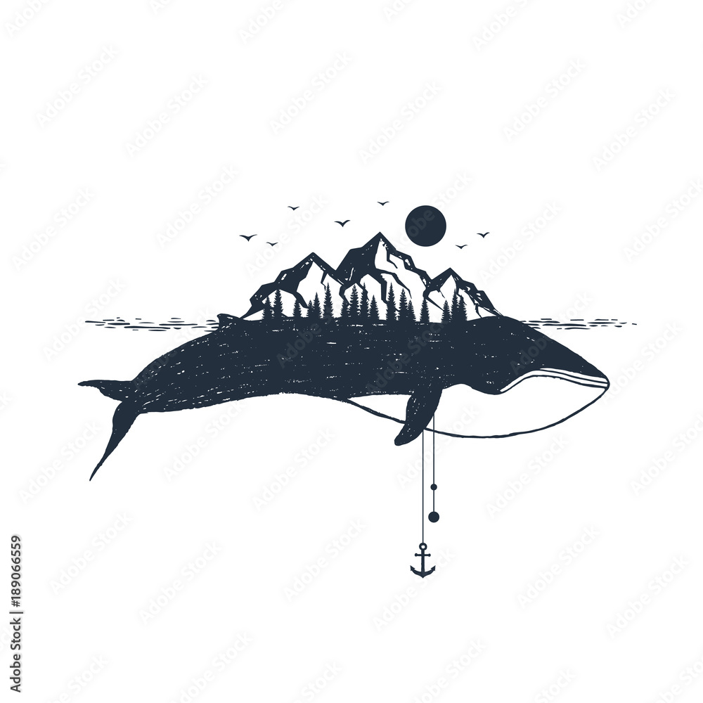 Naklejka premium Ręcznie rysowane odznaka żeglarska z teksturami ilustracji wektorowych wielorybów i gór.
