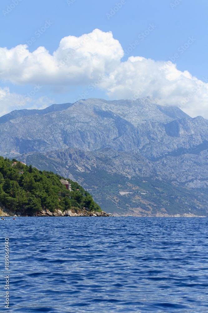 Beautiful view of the Adriatic Sea in Croatia in southern Dalmatia with mountains in the background
