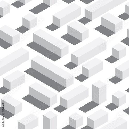 Vector seamless pattern with isometric blocks and shadows. White background, white elements.