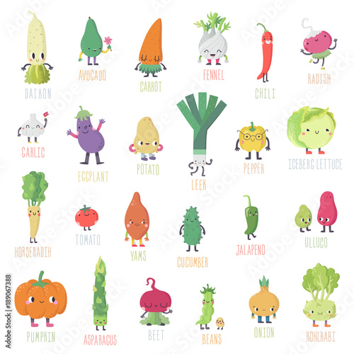 Cute cartoon live vegetables big vector big set.