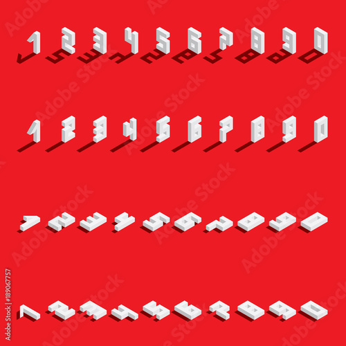 Vector set with isometric numbers from 1 to 9 and 0 in various foreshortening. White digits with fallen shadow on bright red background