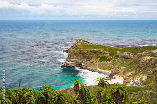 Cape of Good Hope and Dias Beach, viewed from Cape Point, among the most scenic travel destination in South Africa. Table Mountain National Park, Cape Peninsula.