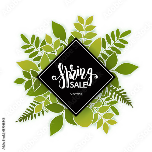 Vector paper cut leaves and berries. Summer tropical banner with green palm leaves. Seasonal poster in trendy paper cut style. Design template for print or web.
