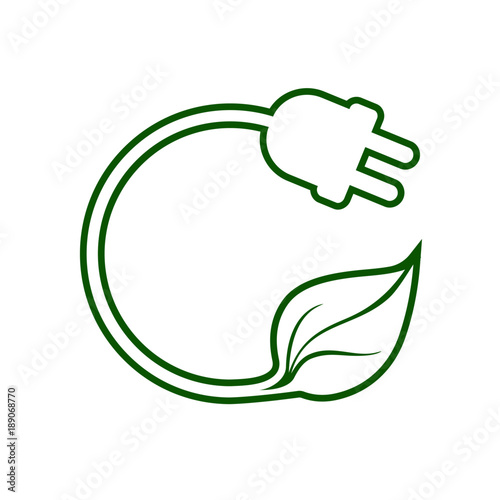 Eco plug icon. Electric plug with green leaf representing green energy from renewable sources. Vector Illustration