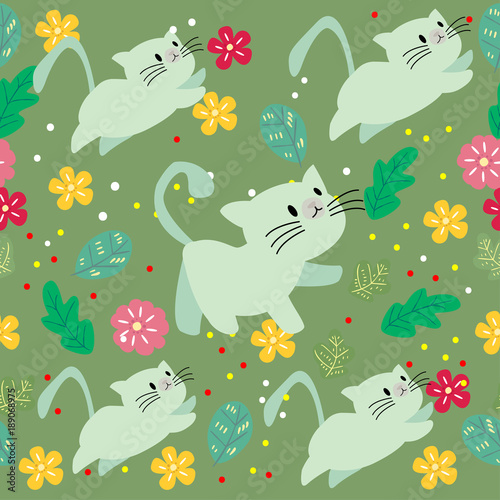 Cute Cat seamless pattern with flower on colorful background Vector illustration.Cartoon style